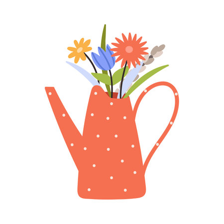 Cute red watering can with spring flowers isolated on a white background. cartoon vector illustration.のイラスト素材