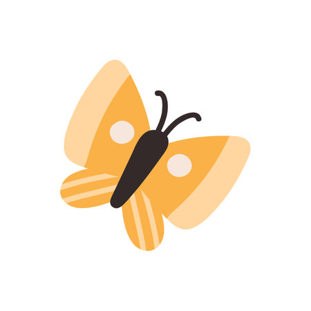 Cute childish butterfly with yellow wings isolated on a white background. cartoon vector illustration. Little butterfly flying.のイラスト素材