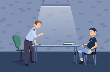 A police officer interrogates a suspect in the interrogation room. The policeman finds out the details of the case from the prisoner. A crime. Young man in handcuffs. Police station. Dark room.のイラスト素材