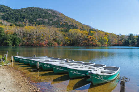Lake Yunoko is a small lake located just north of Senjogahara marsh and it is located about 6 km north-northwest of Lake Chuzenji. This photo was shot in autumn.の写真素材