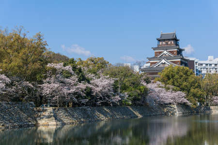 Hiroshima Castle is a castle in Hiroshima, Japan. It was constructed in the 1590s, but was destroyed by the atomic bombing on August 6, 1945. It was rebuilt in 1958, a replica of the original that now serves as a museum of Hiroshima's history before Worldのeditorial素材