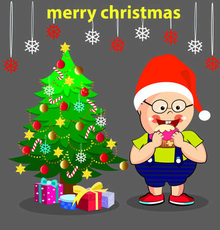 fat chubby boy eating cupcake/christmas partyのイラスト素材