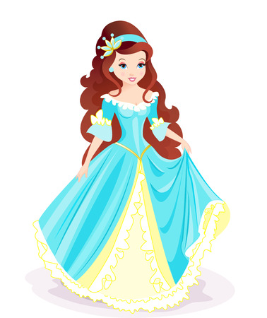 beautiful princess with long hair wearing blue gownのイラスト素材