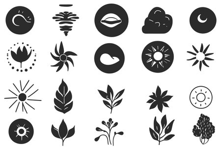 Set of black icons of sun, cloud, tree, sunflower, flower. Vector illustrationのイラスト素材