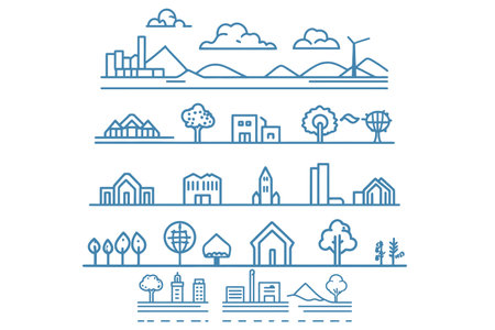 Vector illustration of city landscape in flat linear style with buildings, houses, trees and windmills.のイラスト素材
