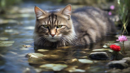 Siberian cat in the water. Portrait of a cat.の素材