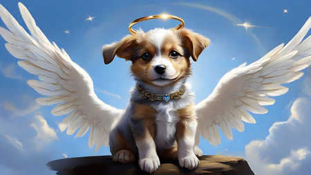puppy with angel wings and golden crown on blue sky backgroundの素材