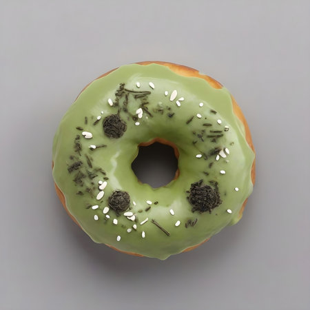 Green glazed donut with sprinkles isolated on grey background. Top view.の素材