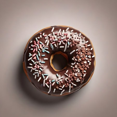 Chocolate donut with sprinkles on a gray background. Top view.の素材