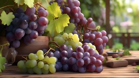 Bunch of fresh grapes on wooden table in vineyard, closeupの素材
