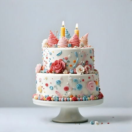Birthday cake with candles on a gray background. Copy space.の素材