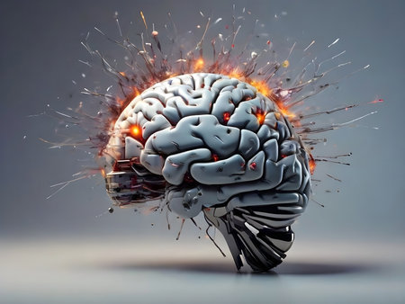 Human brain with exploding brain on gray background. 3D illustration.の素材