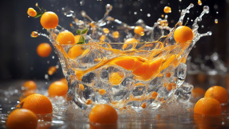 Citrus fruits falling into water with splash, close-upの素材