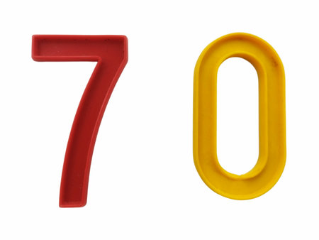 plastic numbers isolated on white background. Digit 7 and 0の写真素材