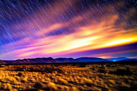 Beautiful starry sky over the mountains at sunset. Nature composition.の素材