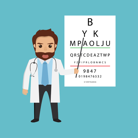 A handsome man doctor character- optometrist points to the table for testing visual acuityのイラスト素材