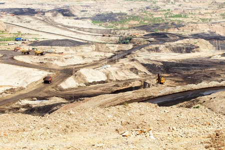 Coal mining in an open pit with huge industrial machine