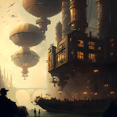 Fantasy illustration of a pirate ship in the middle of the cityの素材