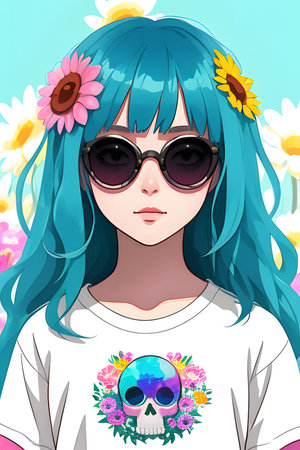 Beautiful girl with blue hair and flowers in her hair. Vector illustrationの素材