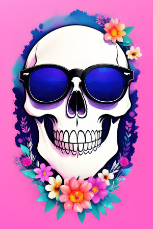Skull with sunglasses and flowers on pink background. Vector illustration.の素材