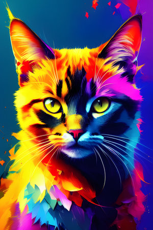 Colorful cat portrait on abstract background. Artistic vector illustration.の素材