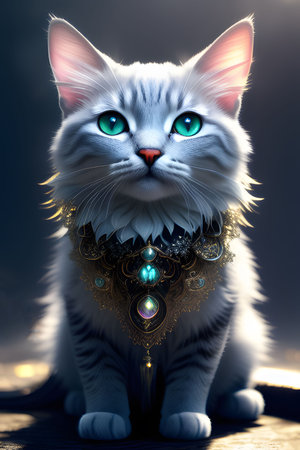 White cat with blue eyes and a necklace. 3D rendering.の素材