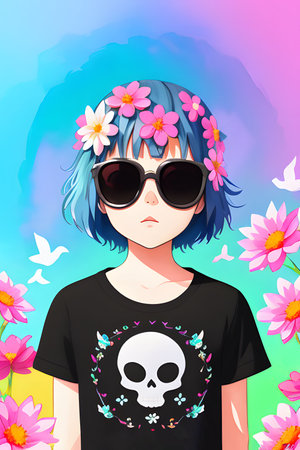 Portrait of a girl with blue hair in a T-shirt on a background of flowersの素材