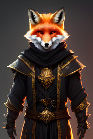 Portrait of a red fox dressed in a costume of a medieval knight.の素材