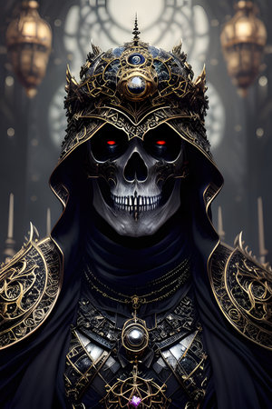 Digital illustration of a viking warrior with a skull in the backgroundの素材