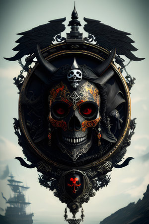 Skull with black horns and gothic coat of arms.の素材