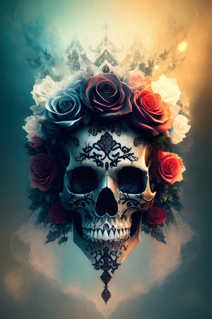 Day of the Dead skull with colorful roses. 3D illustration.の素材