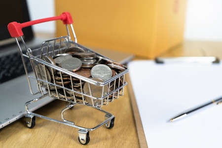 Coin in a trolley on a laptop keyboard and contract. Ideas about online shoppingの写真素材