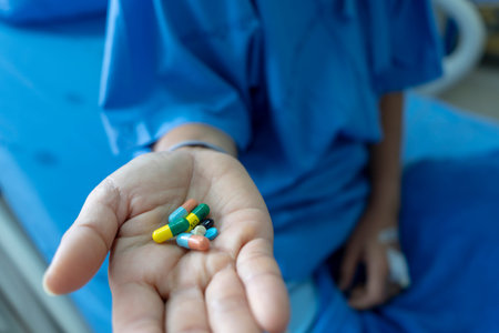 Blue dress woman on hospital bed Have medicine on hand