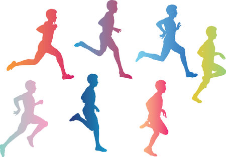 set of silhouettes of running men and children on a white backgroundのイラスト素材