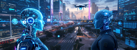 AI Sentinels in a Cyberpunk Cityの素材