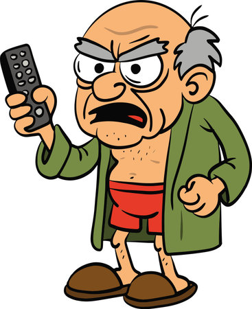 Angry Elderly Man in Robe Holding TV Remote Controlのイラスト素材