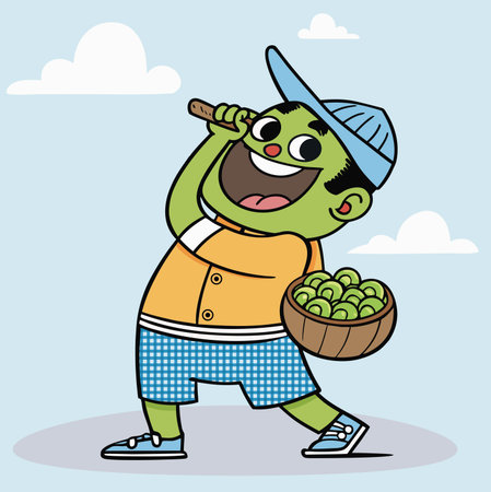Cheerful Green Character with Basket and Playful Stick Listenerのイラスト素材