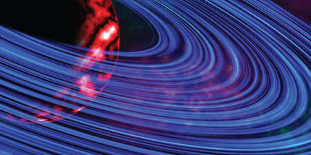 The red planet orbits the blue orbit with starry skyの写真素材