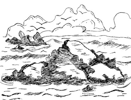 Hand drawn sea sketch with rocks 
 and birds illustration backgroundの写真素材
