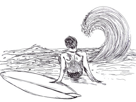 Hand drawing sea surfer on white backgroundの写真素材