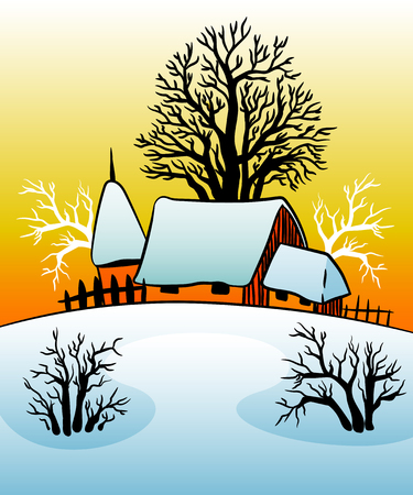 Cottage house at winter sunrise/sunsetのイラスト素材