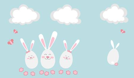 Easter Bunnies, Eggs, Clouds, Butterflies, Flowersのイラスト素材