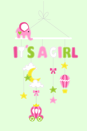 Its a Girl - baby decoration with stars carriage elephant balloon hanging on thread Vector illustration.のイラスト素材