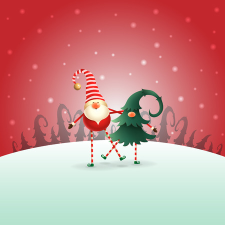Happy Scandinavian Gnomes friends playing and dancing on red winter night landscapeのイラスト素材