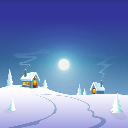 Winter greeting card - winter moonlight at villageのイラスト素材