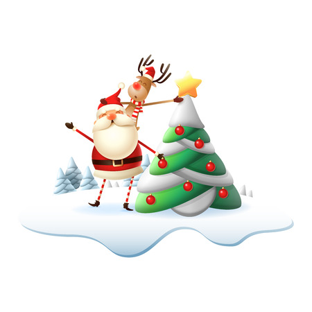 Reinder on Santa Claus back put the star on Christmas tree. Illustration isolated on transparent backgroundのイラスト素材