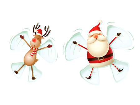 Santa Claus and Reindeer make angels in snow vector illustration isolated on white backgroundのイラスト素材