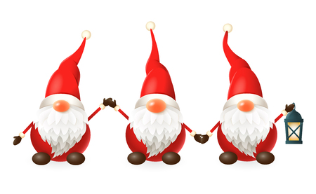 Tomte, Nisse, Tomtenisse - three happy cute Scandinavian gnomes celebrate winter solstice - vector illustration isolated on whiteのイラスト素材