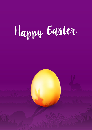 Easter greeting card - Golden Easter egg on purple background with rabbit silhouette - Happy Easterのイラスト素材