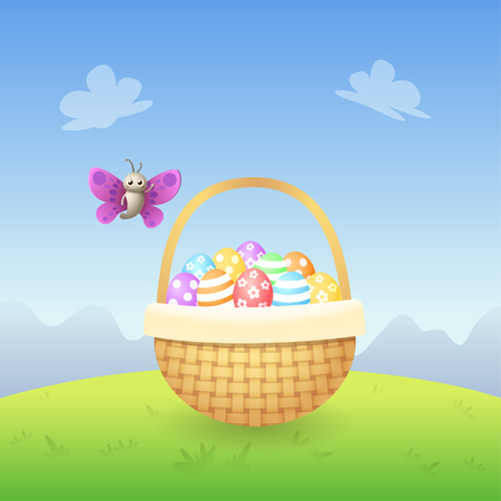Butterfly with basket and decorated Easter eggs on spring landscape backgroundのイラスト素材